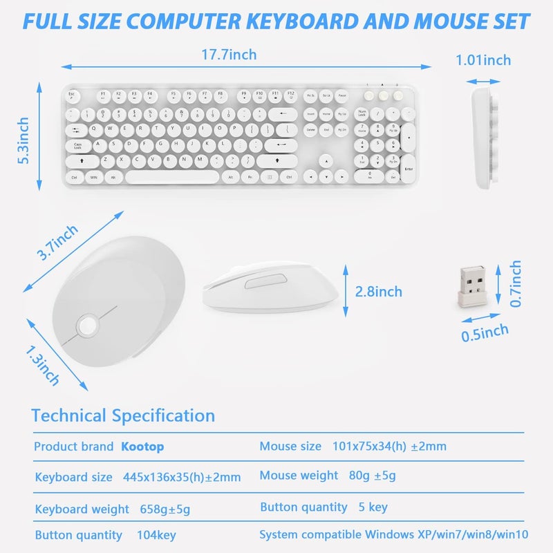 Kootop Wireless Keyboard Mouse Combo, 104 Keys Cute White Keyboard with Number Pad & Mouse for Windows, Computer, PC, Notebook, Laptop (White) - Image 5